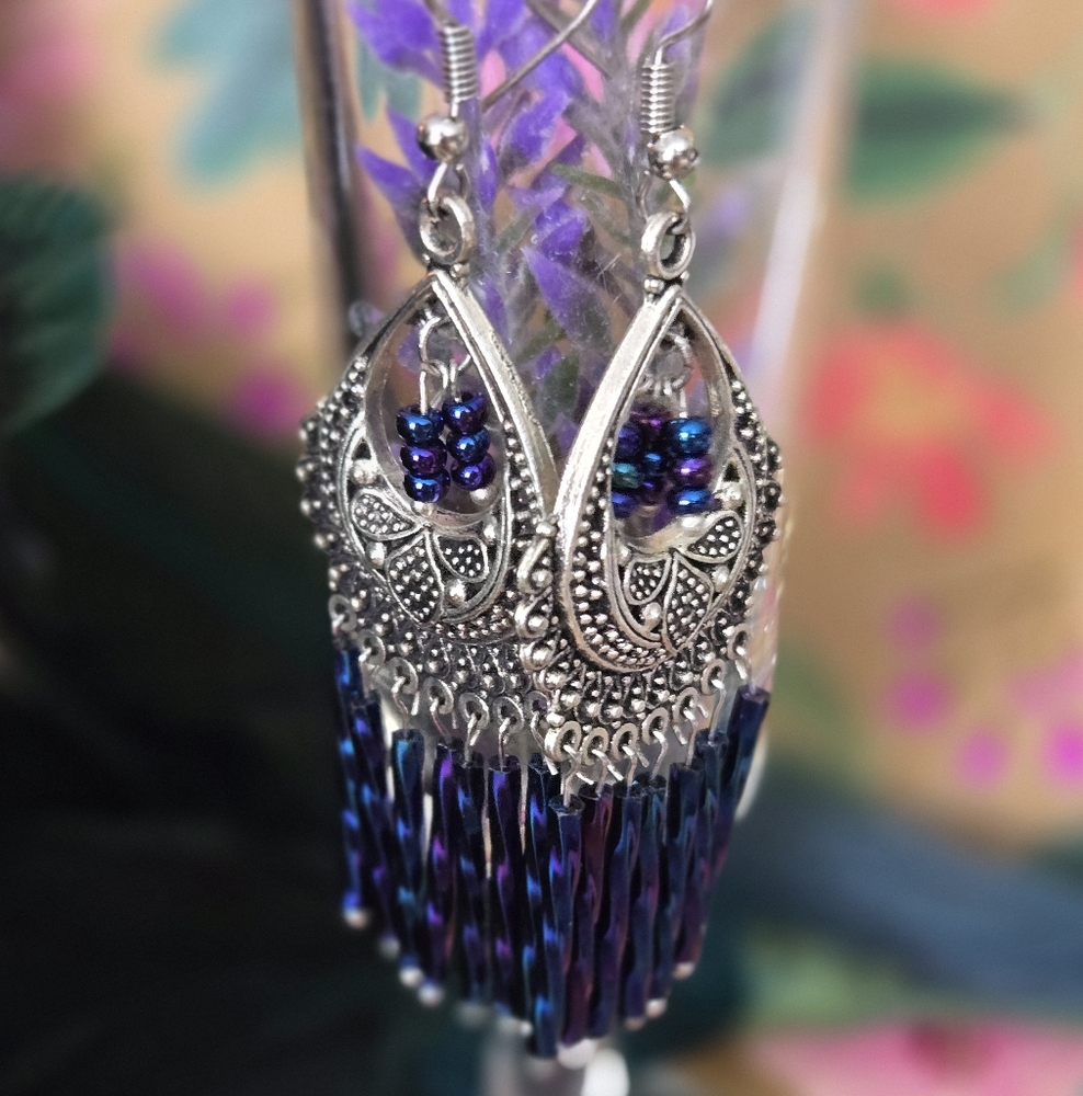 Blue and Purple Earrings with Intricate Metalwork and Gemstone Accents